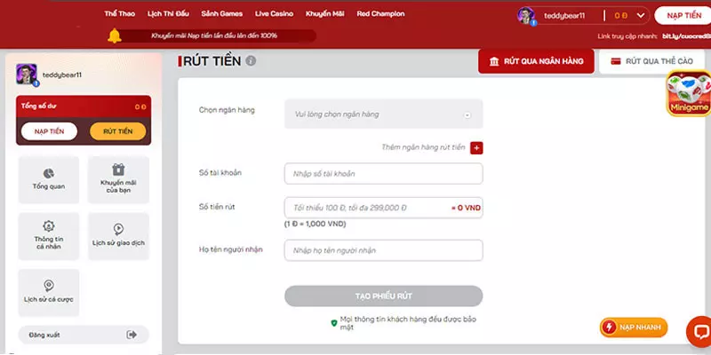 Cách rút tiền tại Red88 thông qua chuyển khoản ngân hàng