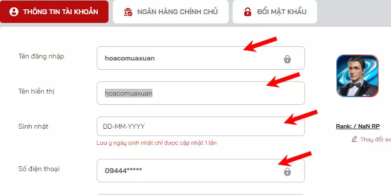 Người chơi cần cung cấp đầy đủ thông tin theo yêu cầu của Red88