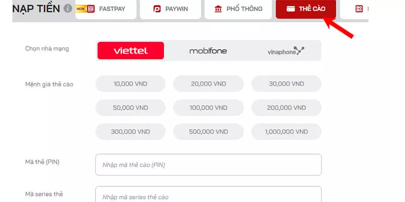 Thông qua thẻ cào nạp tiền vào tài khoản Red88 đơn giản