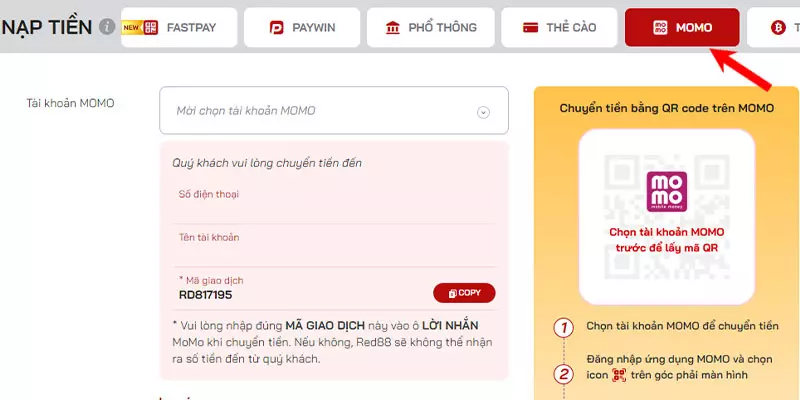 Thông qua ứng dụng ví MoMo nạp tiền vào tài khoản Red88